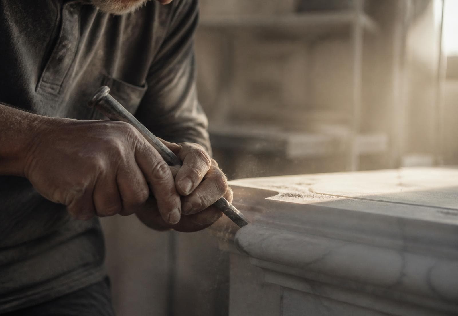 A craftsman finishing a stone edge by hand